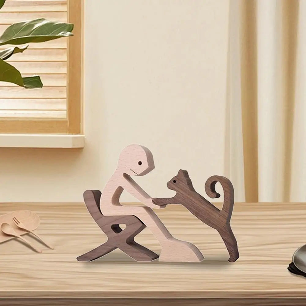 Cute Wood Dog Human Statue