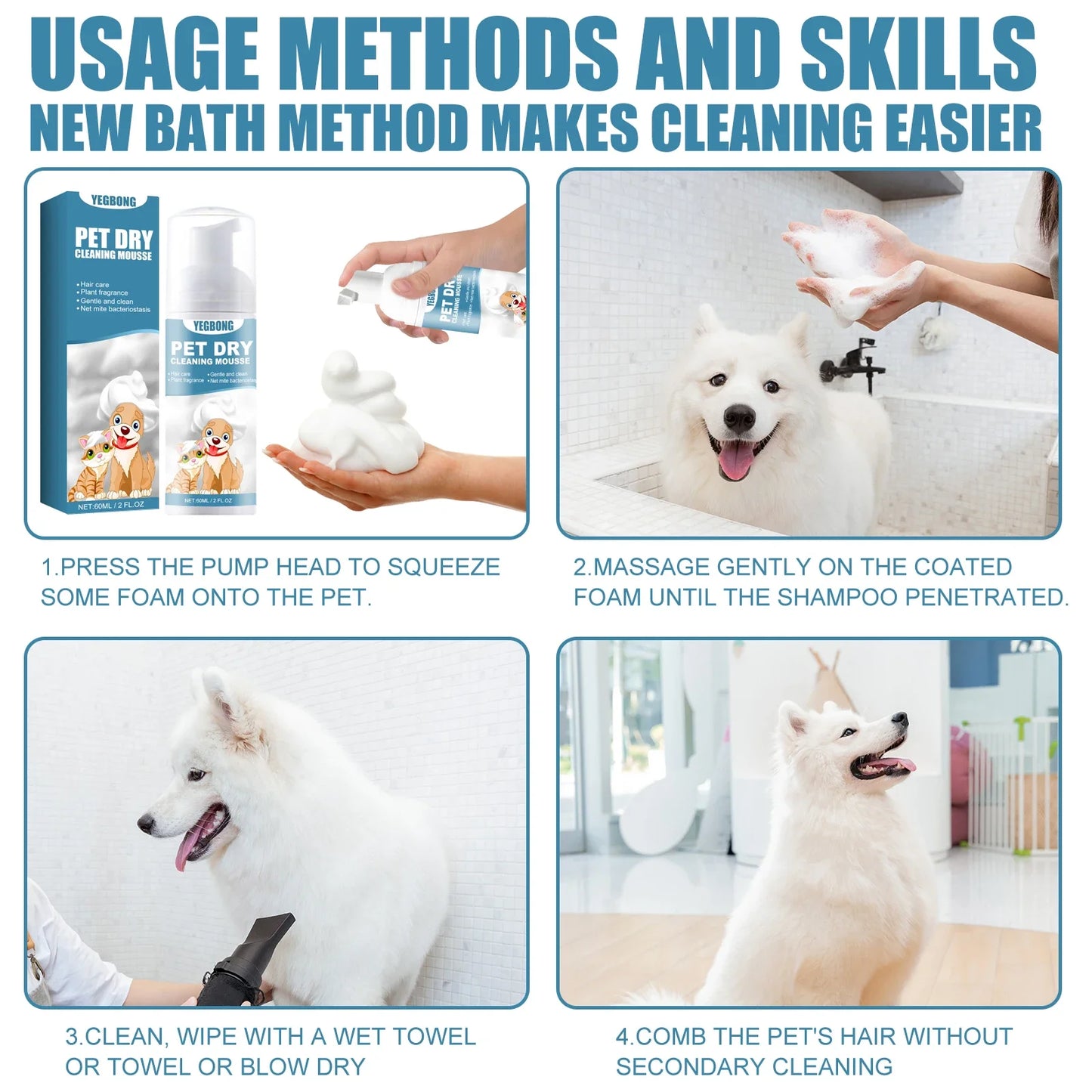 1-4PCS Pet Dry Shampoo Mousse for Puppies and Kittens