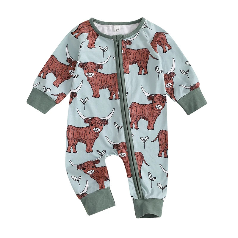 Infant Toddler Cow Print Round Neck Long Sleeve Zip-Up