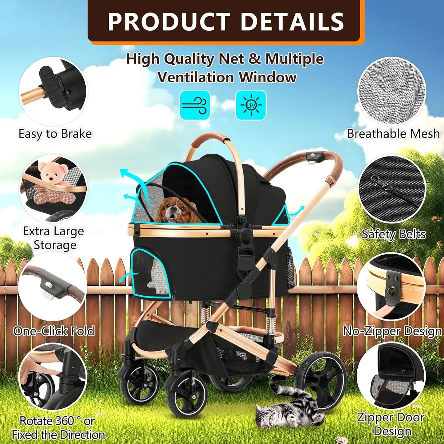 Pet Stroller 3 in 1 Folding Lightweight Dog Stroller