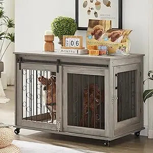 Dog Crate Furniture with Sliding Barn Door
