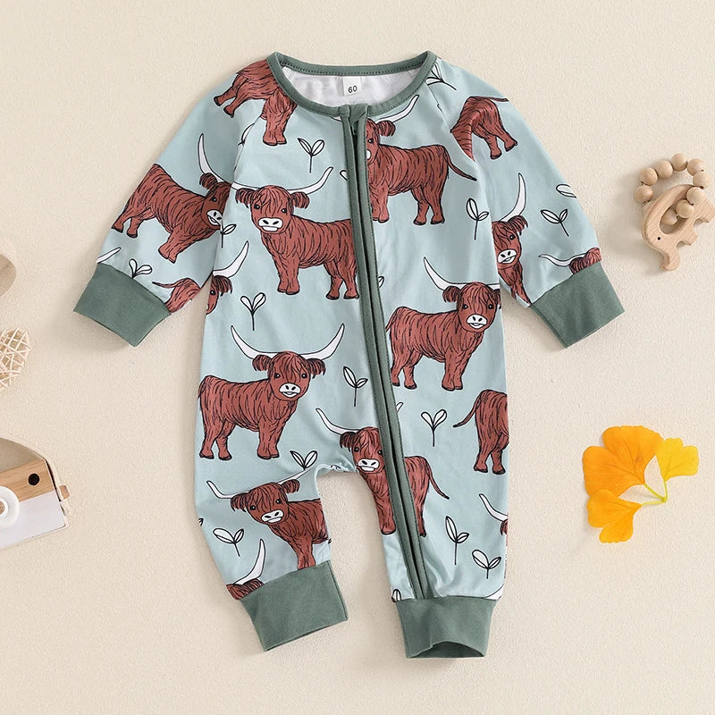 Infant Toddler Cow Print Round Neck Long Sleeve Zip-Up