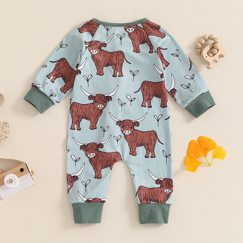 Infant Toddler Cow Print Round Neck Long Sleeve Zip-Up