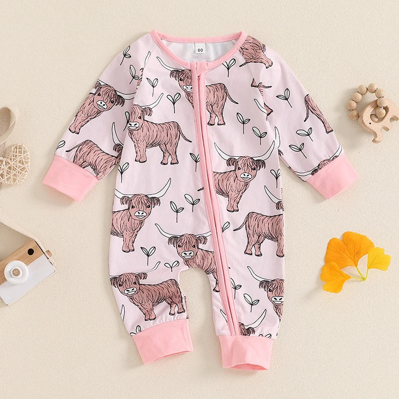 Infant Toddler Cow Print Round Neck Long Sleeve Zip-Up