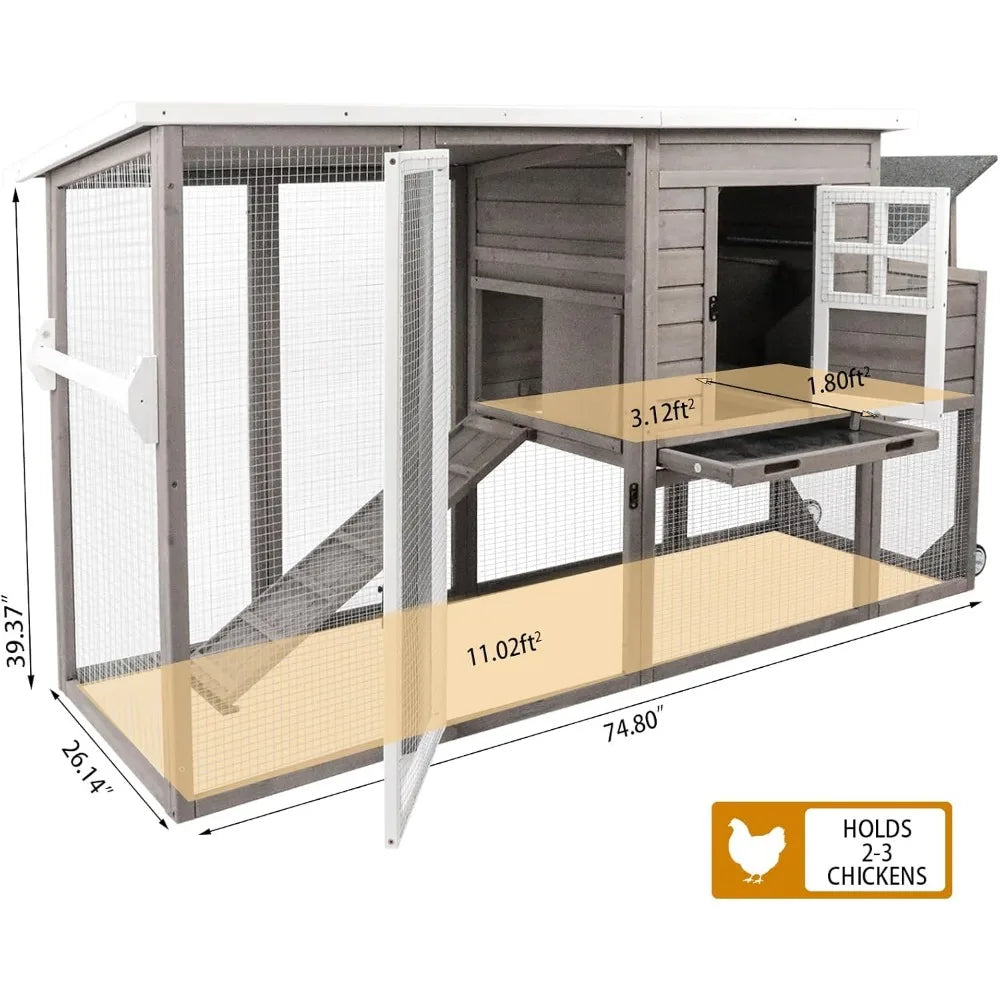 Wooden 75" Chicken Coop with Wheels