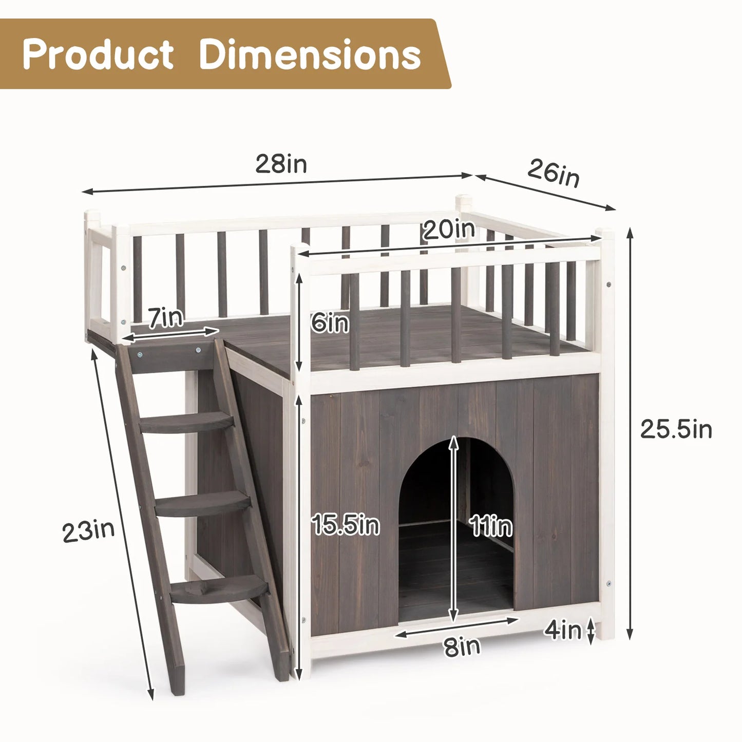 2-Story Wooden Feral Animal House for Outdoor and Indoor, Grey & White