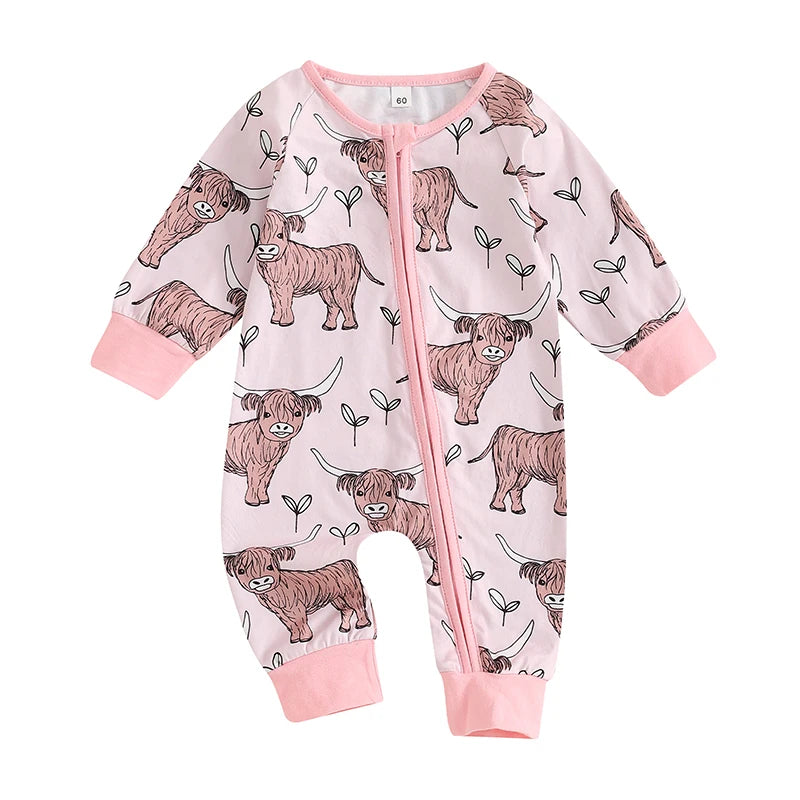 Infant Toddler Cow Print Round Neck Long Sleeve Zip-Up