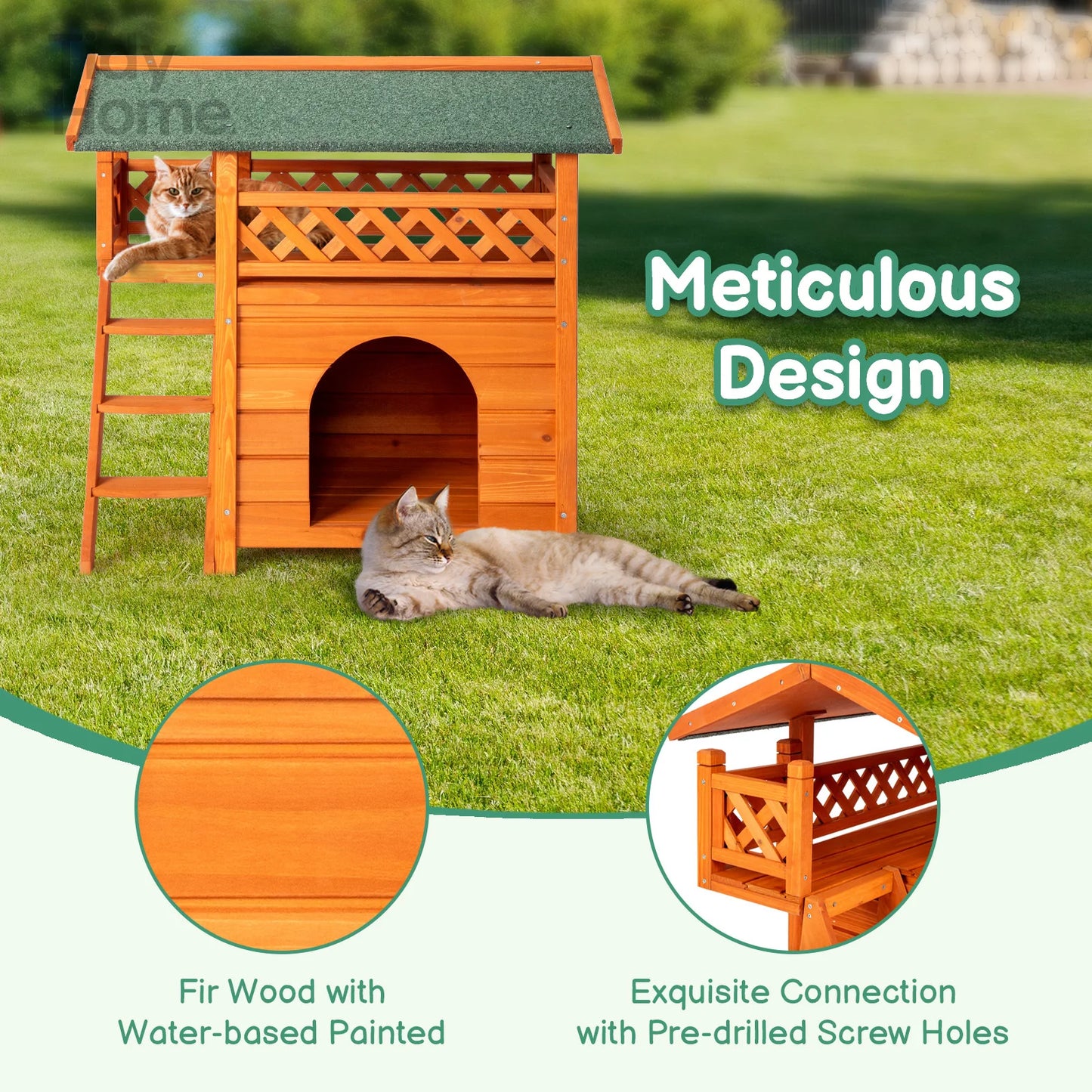 2-Story Wooden Feral Cat House Outdoor Indoor , Orange & Green cat cage