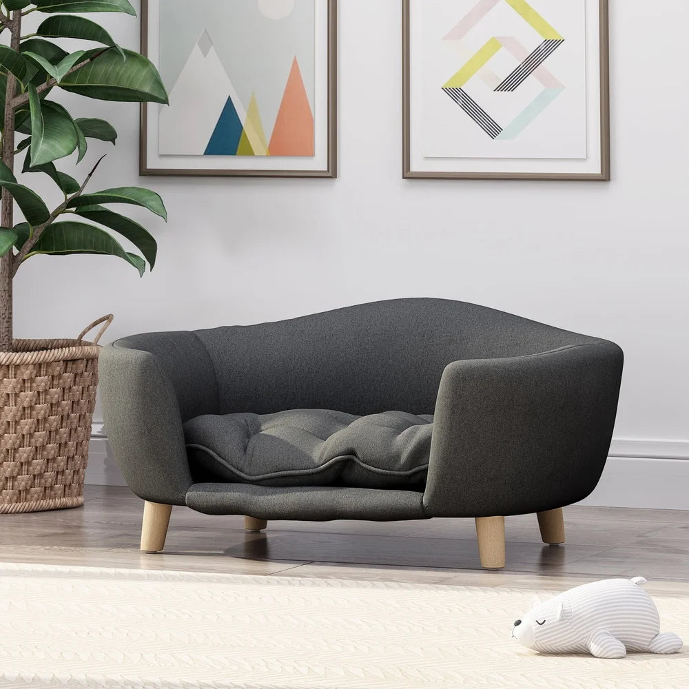 Mid Century Modern Plush Pet Bed Small Dogs with Birch Wood Legs Cozy Tufted Cushion Durable Stylish Design