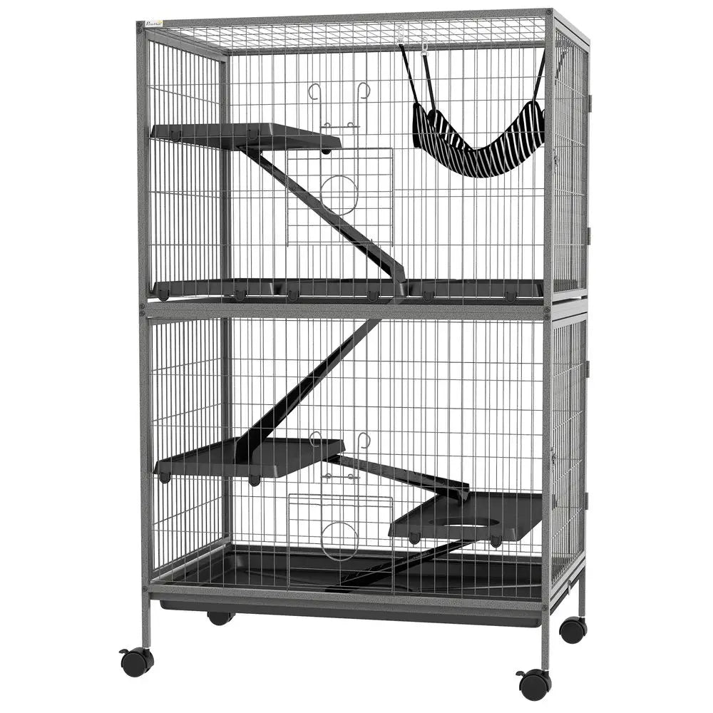 PawHut Rolling Small Animal Cage 50H with Hammock Ferret Chinchilla 4 Doors Silver
