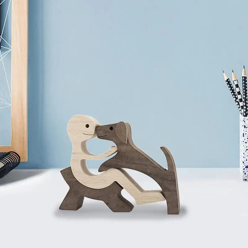 Cute Wood Dog Human Statue