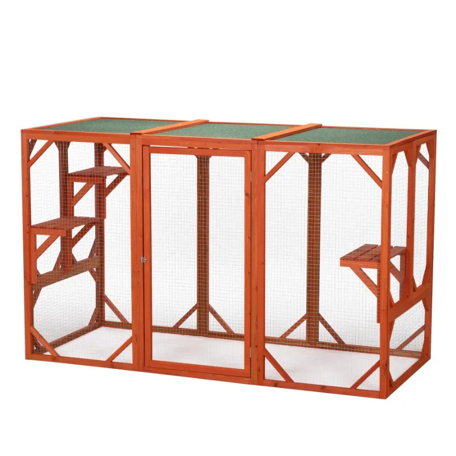 Wooden Cat House Outdoor Cage, Orange