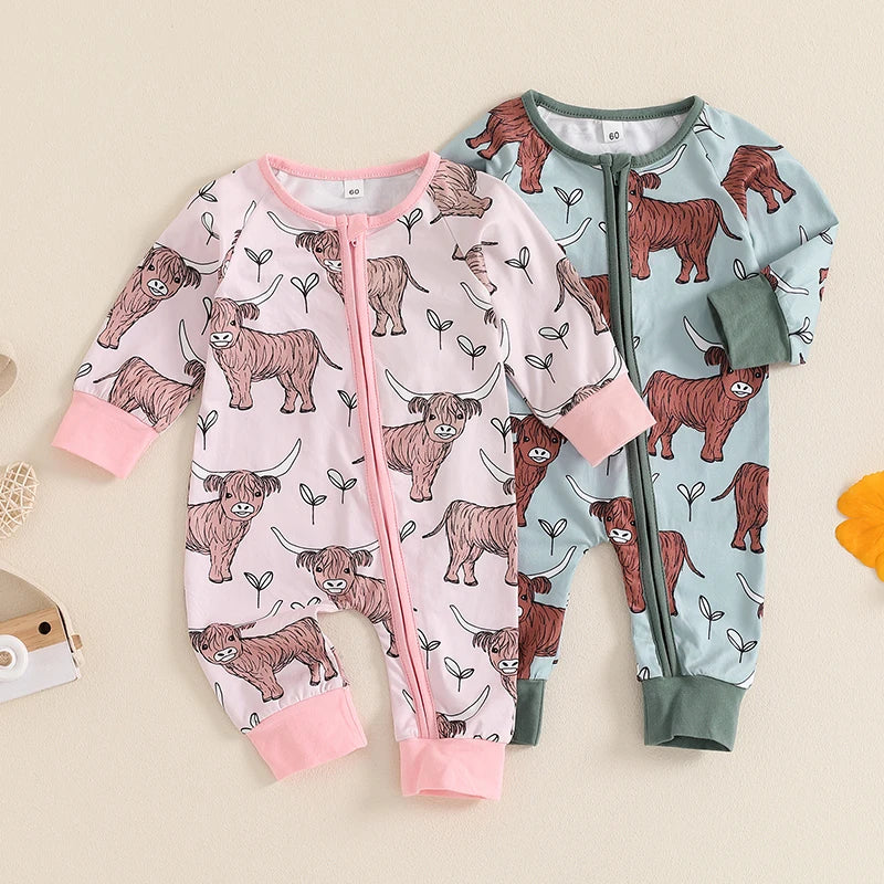 Infant Toddler Cow Print Round Neck Long Sleeve Zip-Up