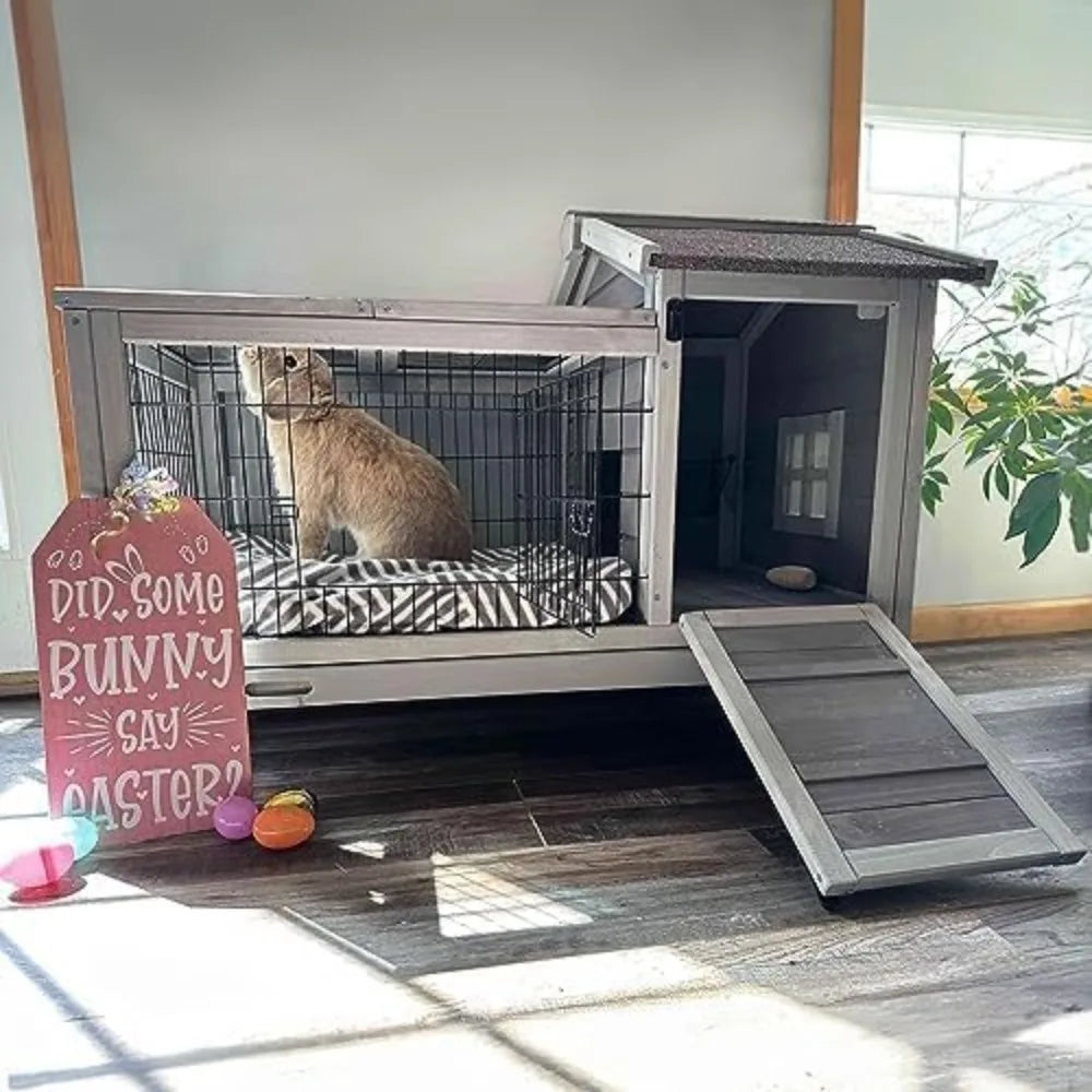 Wooden Rabbit Hutch with Removable Wire Floor Grid