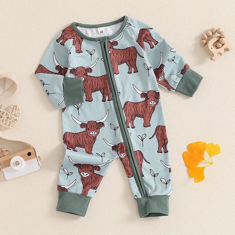 Infant Toddler Cow Print Round Neck Long Sleeve Zip-Up