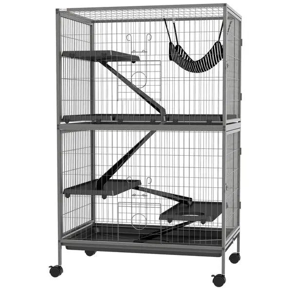 PawHut Rolling Small Animal Cage 50H with Hammock Ferret Chinchilla 4 Doors Silver