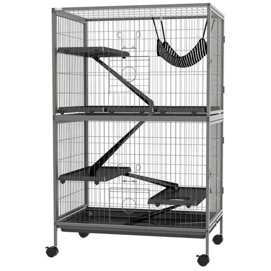 PawHut Rolling Small Animal Cage 50H with Hammock Ferret Chinchilla 4 Doors Silver