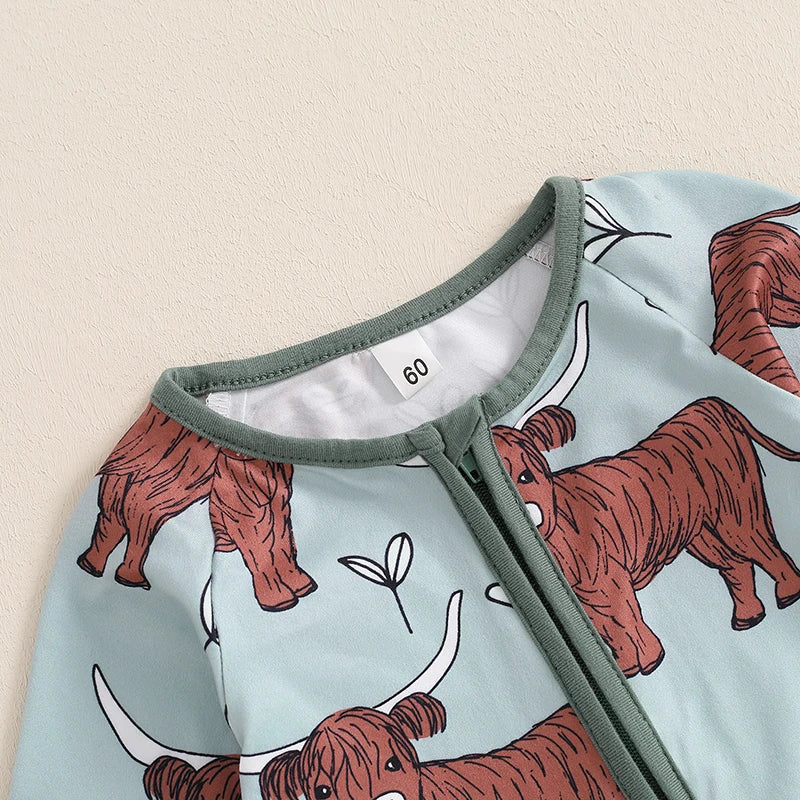 Infant Toddler Cow Print Round Neck Long Sleeve Zip-Up