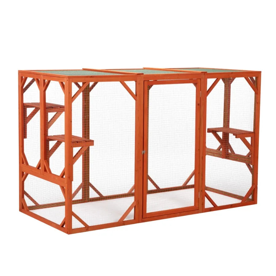 Wooden Cat House Outdoor Cage, Orange