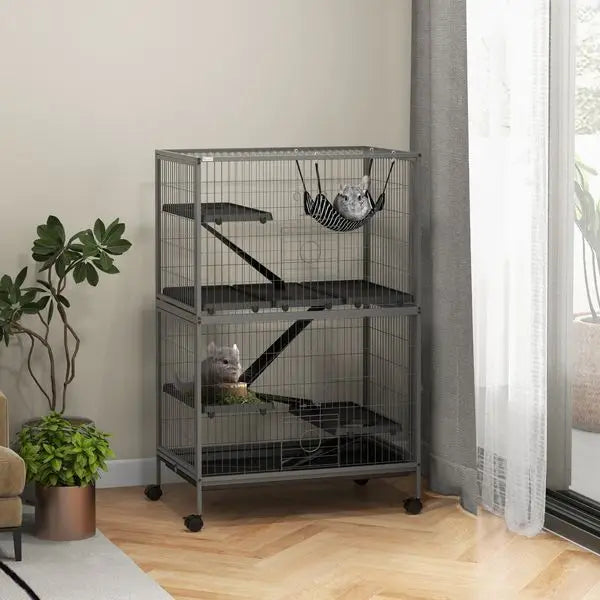 PawHut Rolling Small Animal Cage 50H with Hammock Ferret Chinchilla 4 Doors Silver
