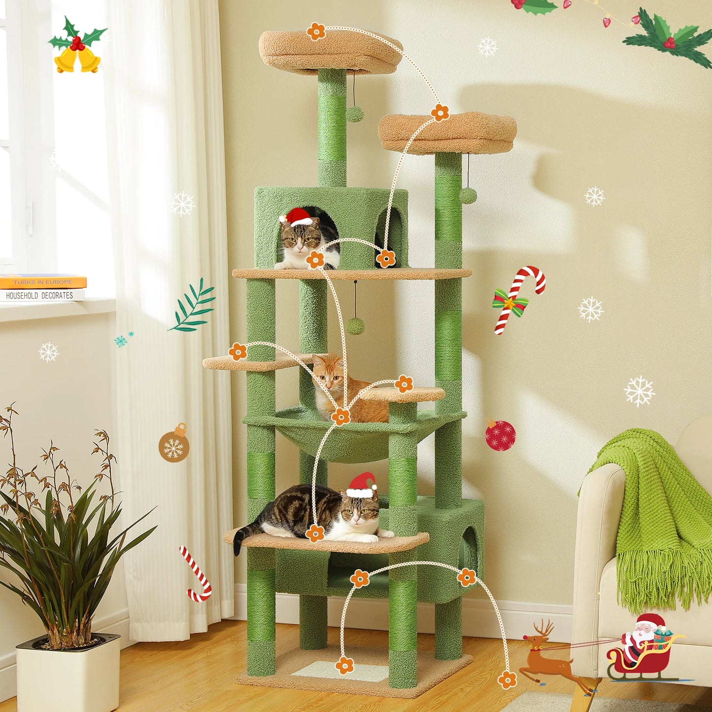 Large Cat Tree Tower for Indoor Cats, Green
