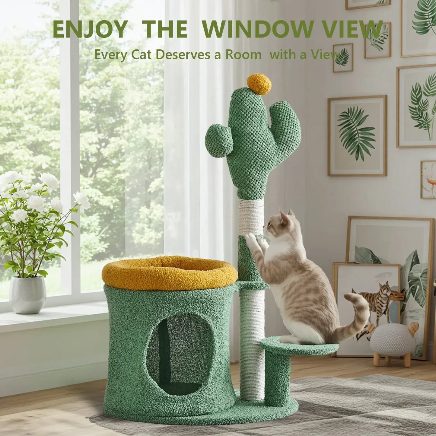 Cat Tower with Cactus, Green