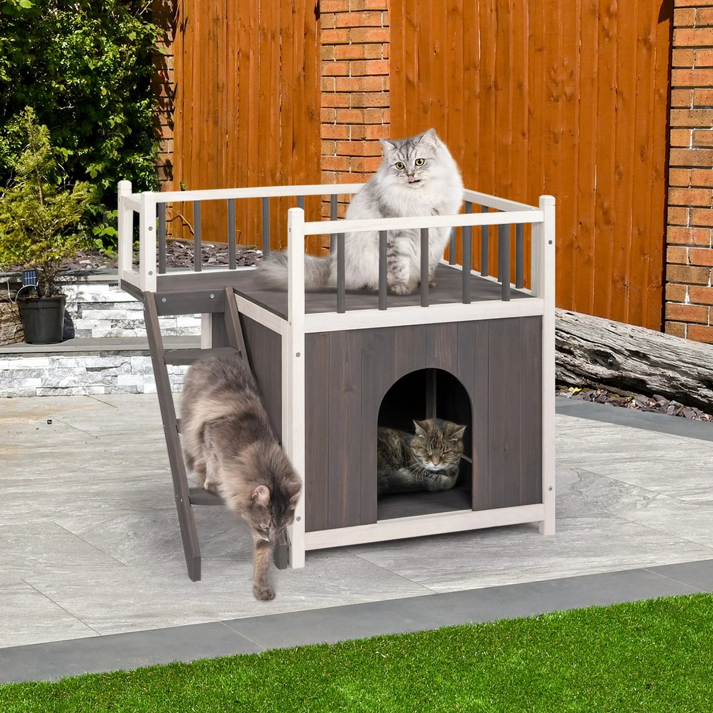 2-Story Wooden Feral Animal House for Outdoor and Indoor, Grey & White