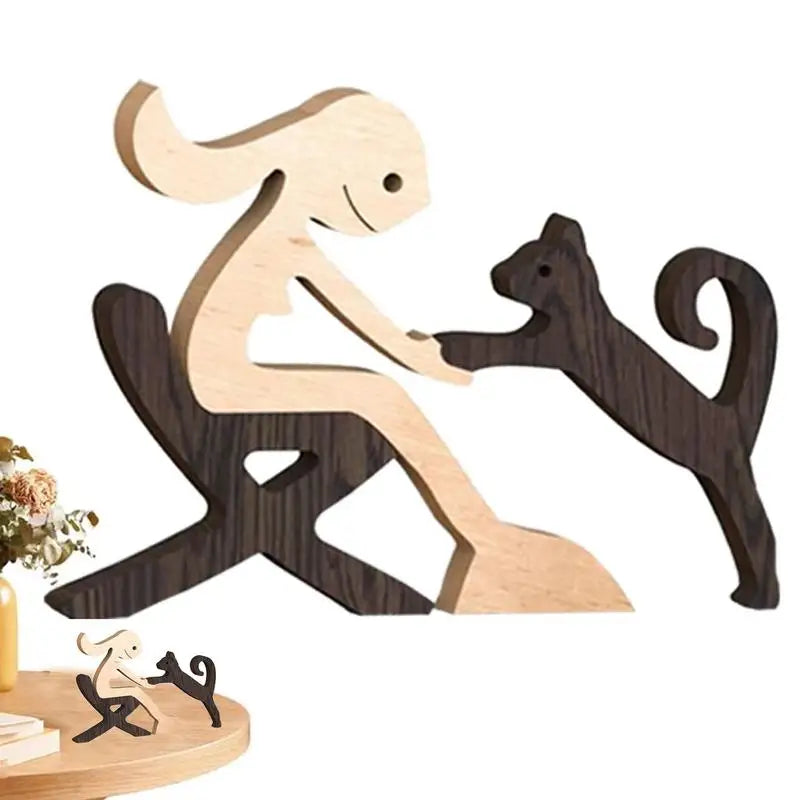 Cute Wood Dog Human Statue