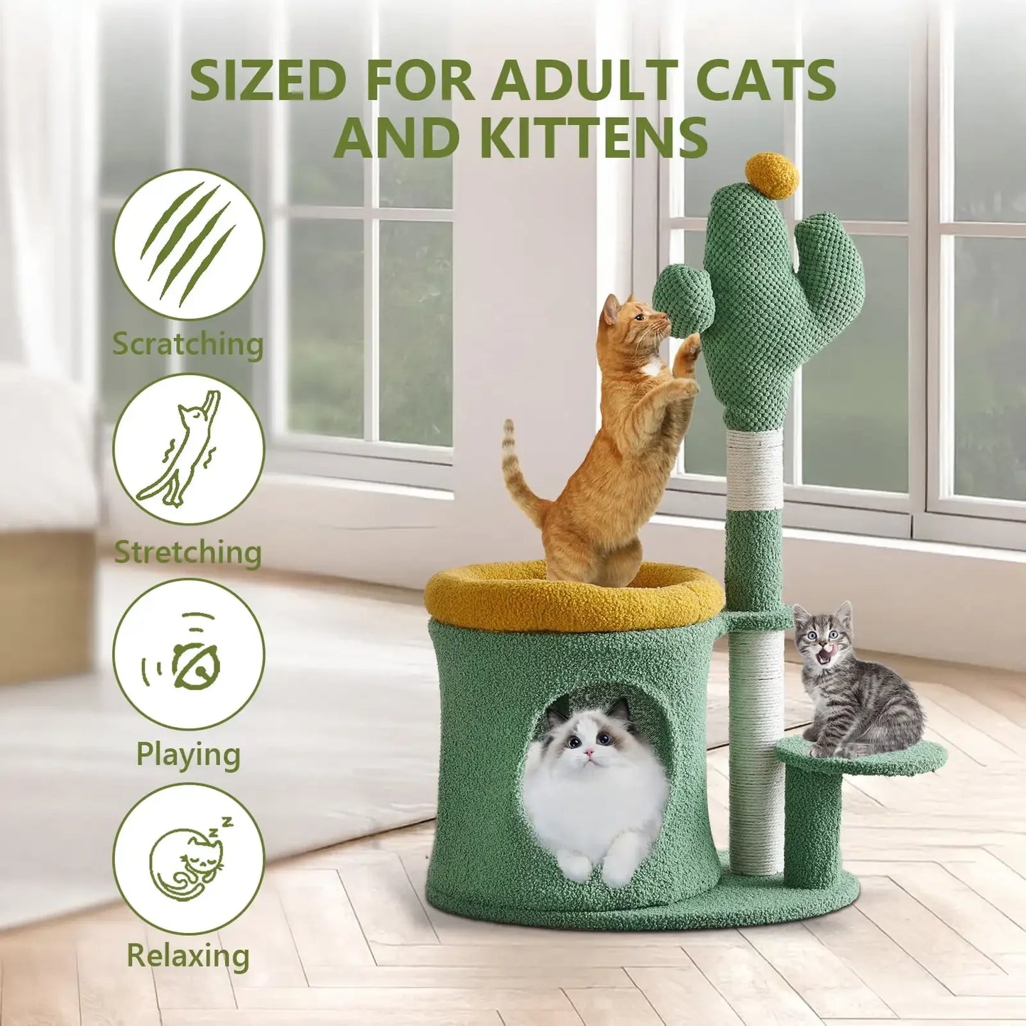 Cat Tower with Cactus, Green