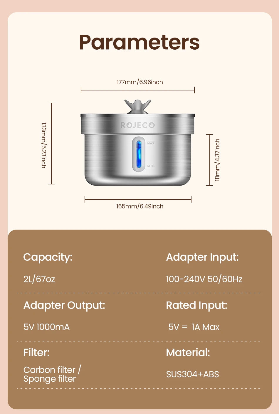 ROJECO Stainless Steel Cat Water Fountain