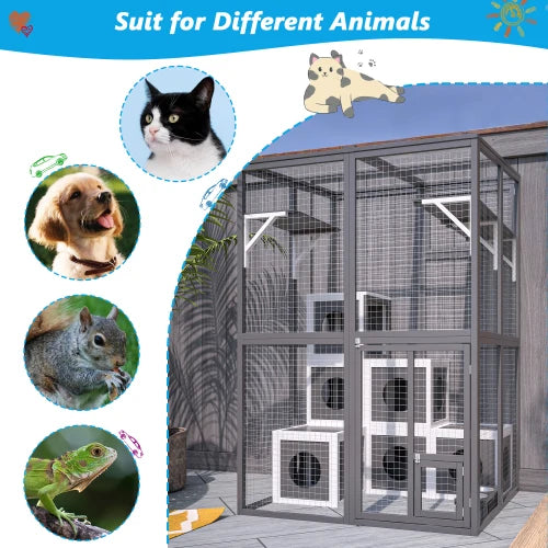 Grey Wooden Cat Catio Kennel Condo Shelter