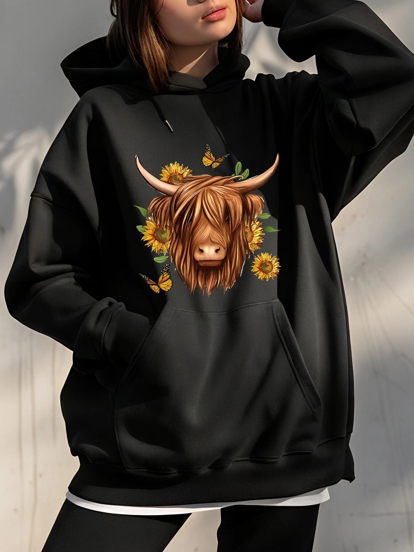 Hoodie Highland Cow Sunflower Print
