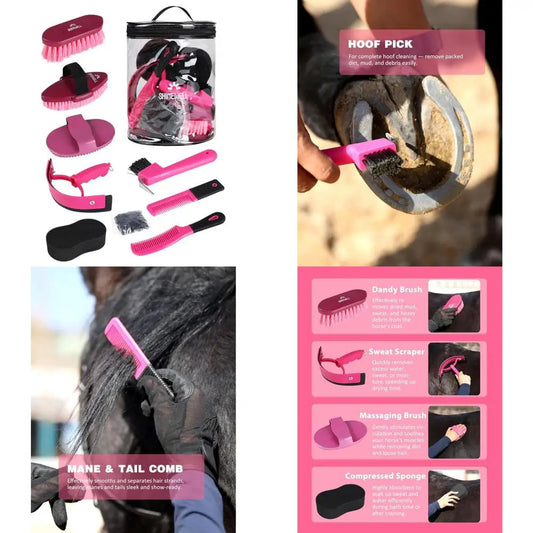 Shinewell Horse Grooming Brushes Kit 9 pieces with Organizer Bag Grooming Care Series Horse Brush Sets Pink