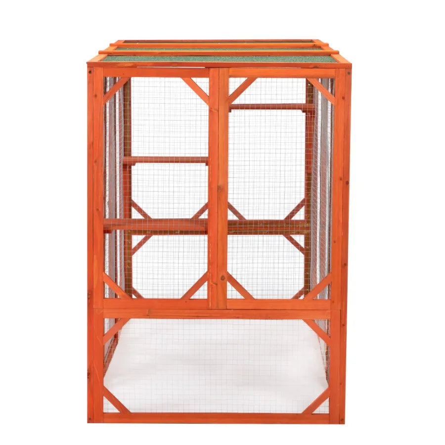 Wooden Cat House Outdoor Cage, Orange
