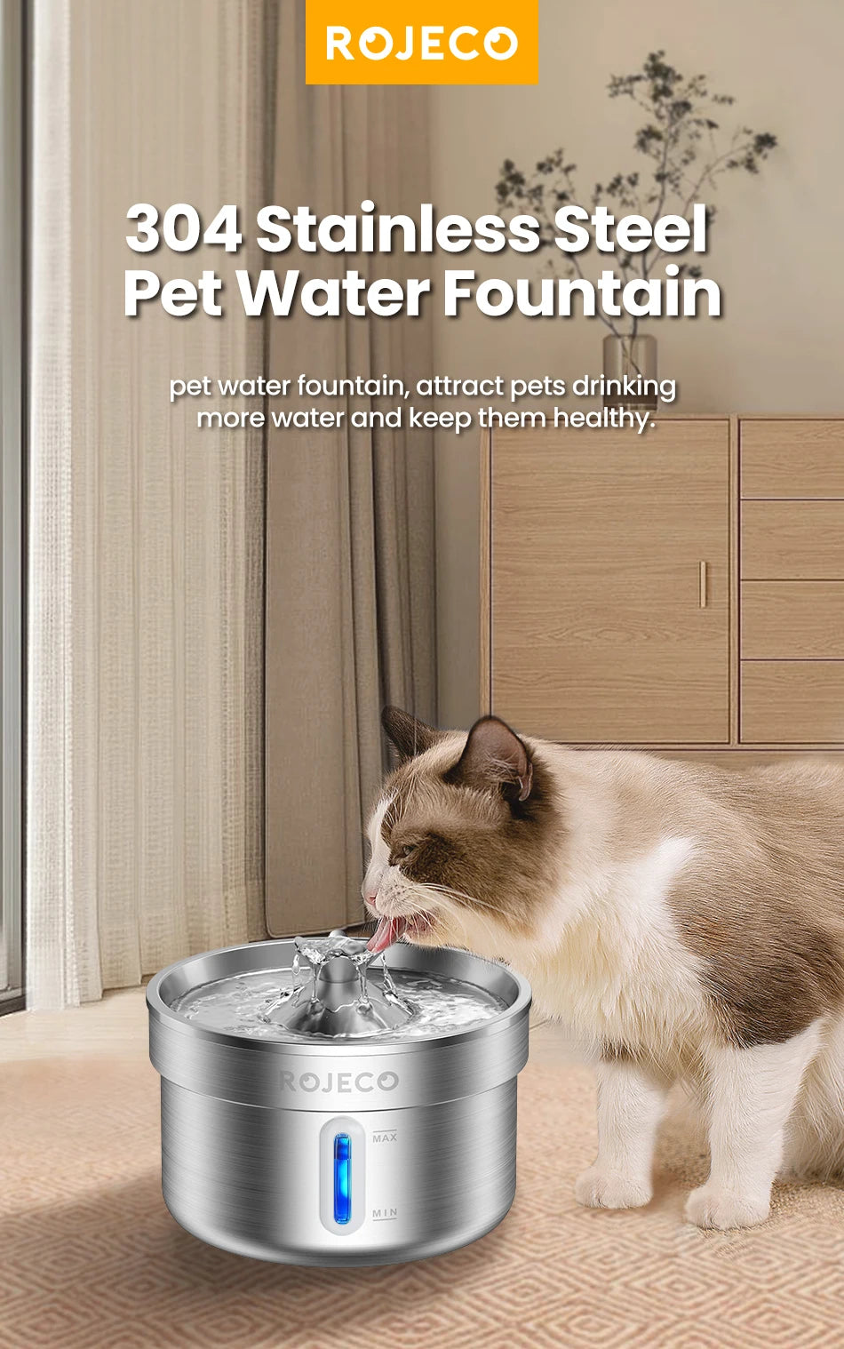 ROJECO Stainless Steel Cat Water Fountain