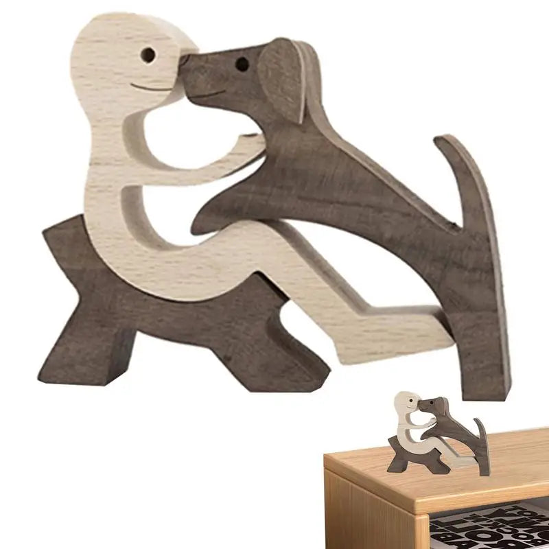 Cute Wood Dog Human Statue