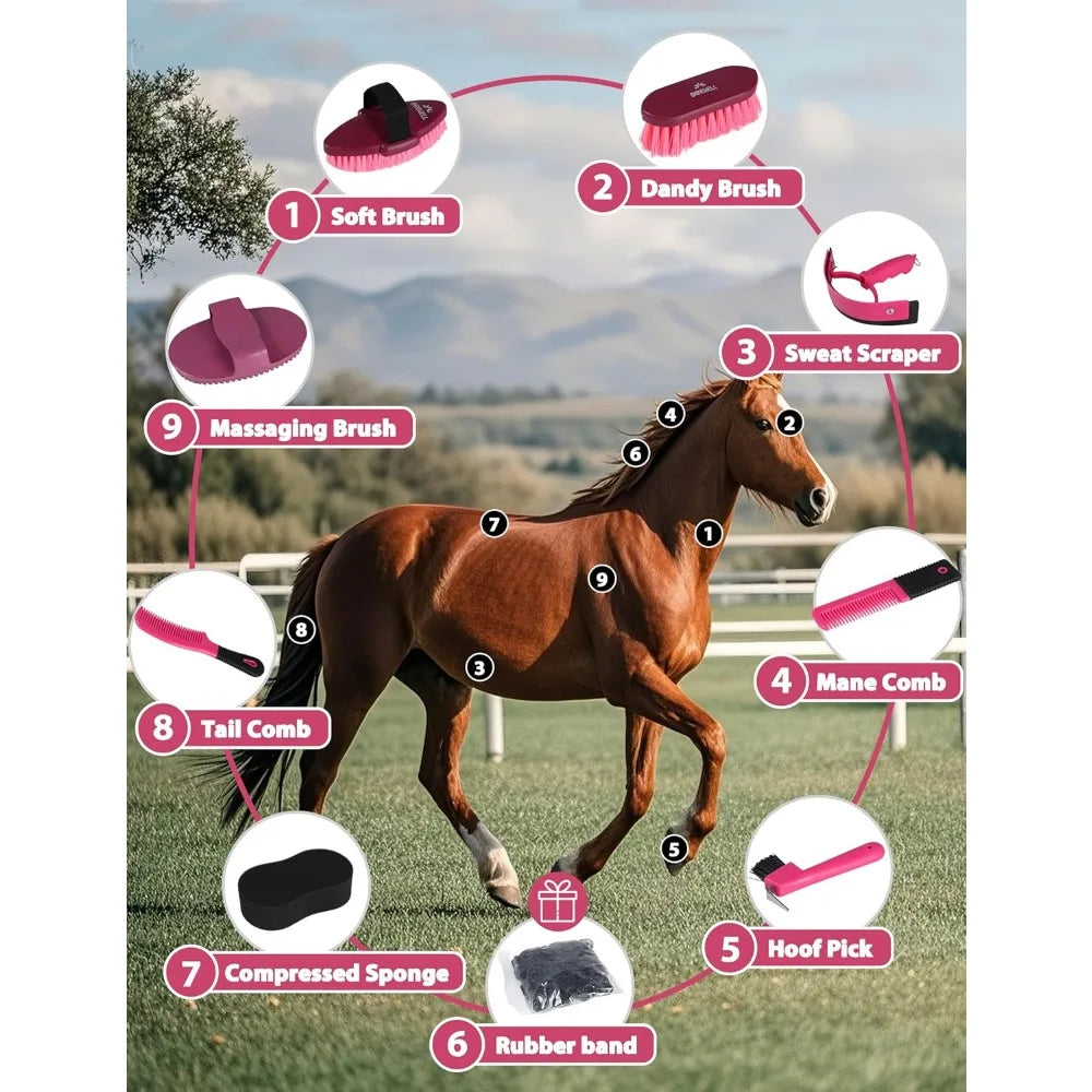 Shinewell Horse Grooming Brushes Kit 9 pieces with Organizer Bag Grooming Care Series Horse Brush Sets Pink