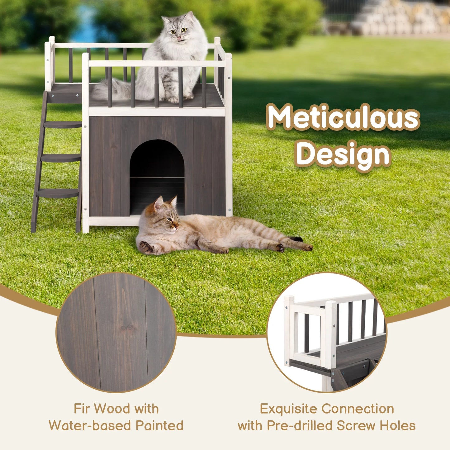 2-Story Wooden Feral Animal House for Outdoor and Indoor, Grey & White