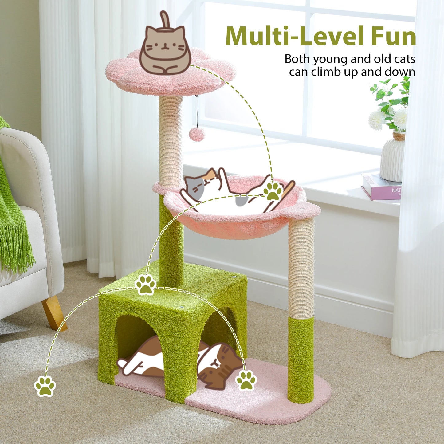 Small Cat Tree, Cute Flower Cat Tower with Cozy Condo for Indoor