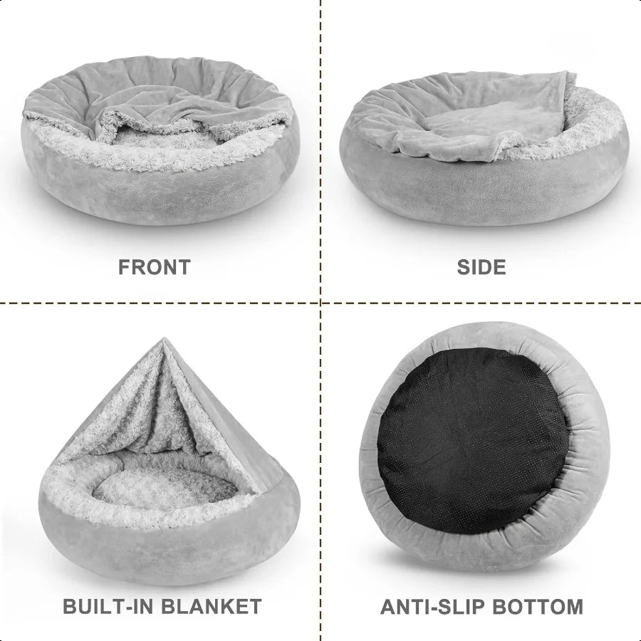 Small Dog Bed or Cat Bed with Hooded Blanket
