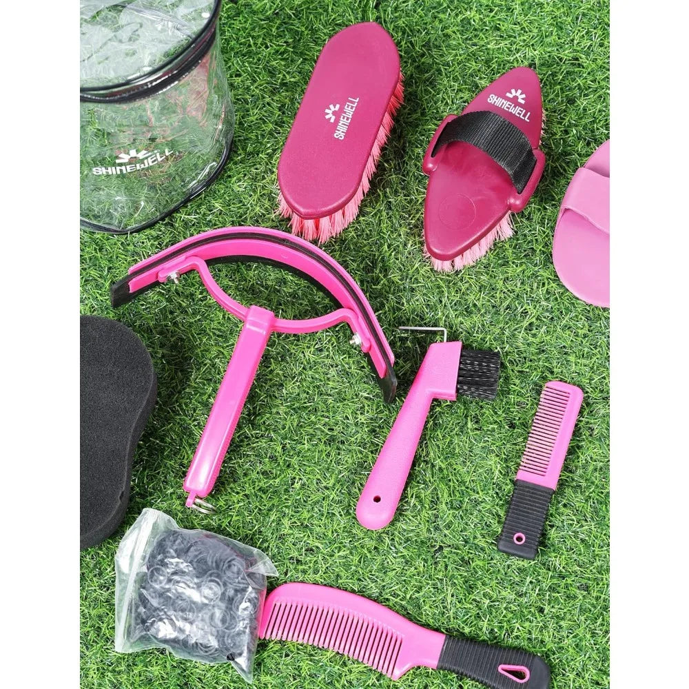 Shinewell Horse Grooming Brushes Kit 9 pieces with Organizer Bag Grooming Care Series Horse Brush Sets Pink