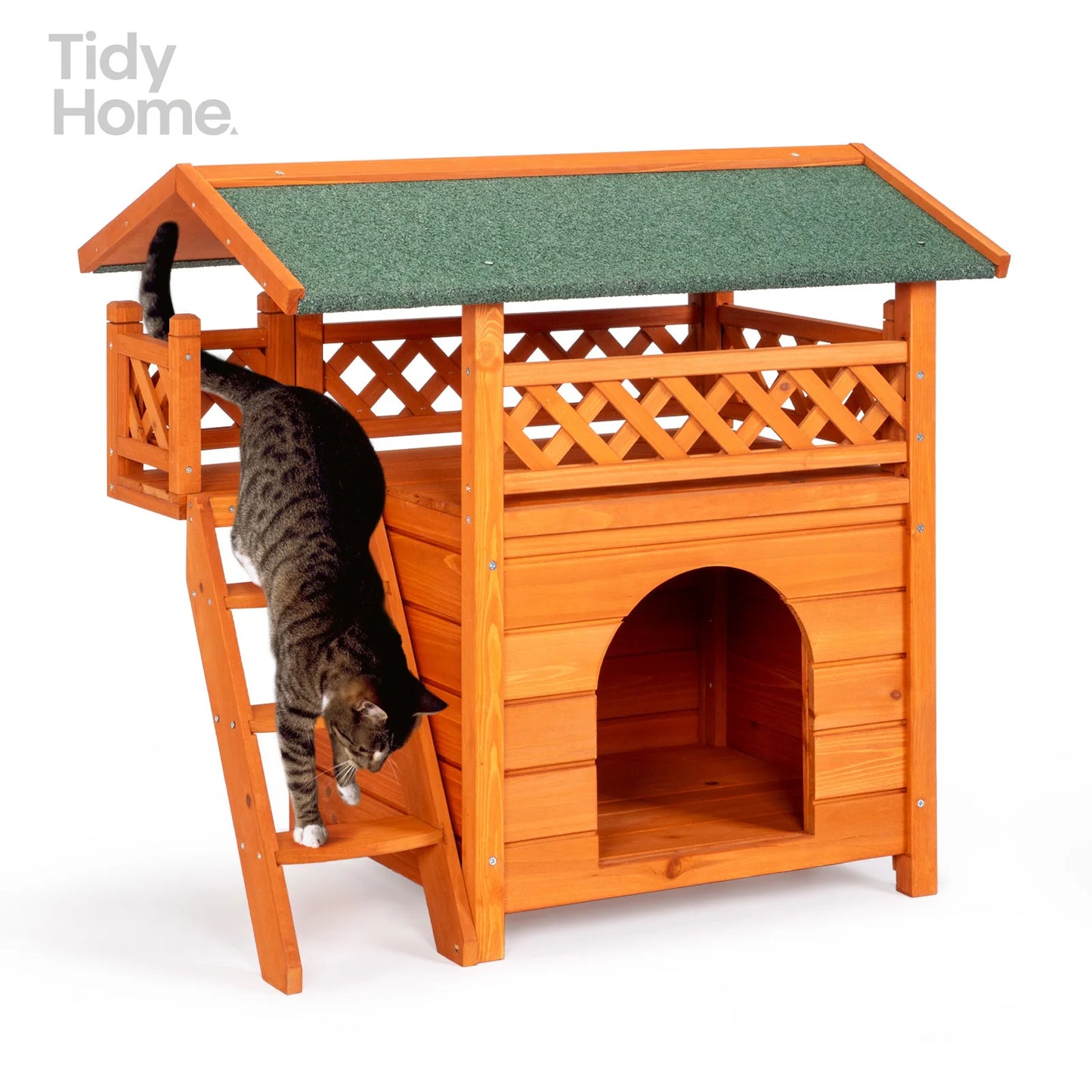 2-Story Wooden Feral Cat House Outdoor Indoor , Orange & Green cat cage