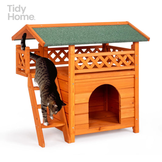 2-Story Wooden Feral Cat House Outdoor Indoor , Orange & Green cat cage
