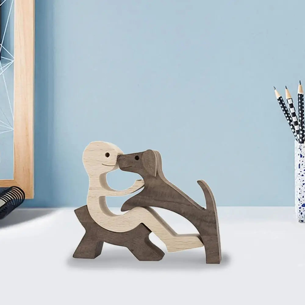 Cute Wood Dog Human Statue