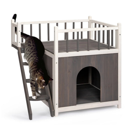 2-Story Wooden Feral Animal House for Outdoor and Indoor, Grey & White