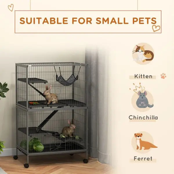 PawHut Rolling Small Animal Cage 50H with Hammock Ferret Chinchilla 4 Doors Silver