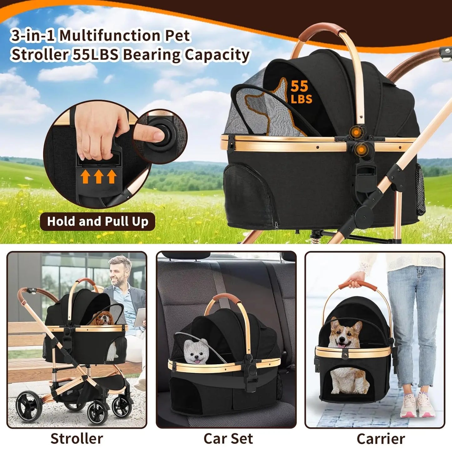 Pet Stroller 3 in 1 Folding Lightweight Dog Stroller