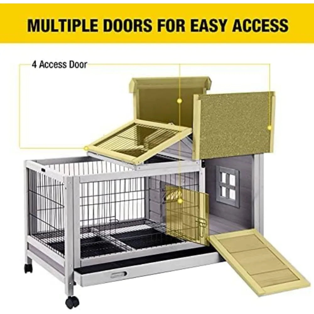 Wooden Rabbit Hutch with Removable Wire Floor Grid