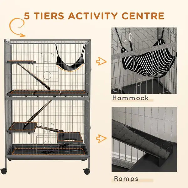 PawHut Rolling Small Animal Cage 50H with Hammock Ferret Chinchilla 4 Doors Silver