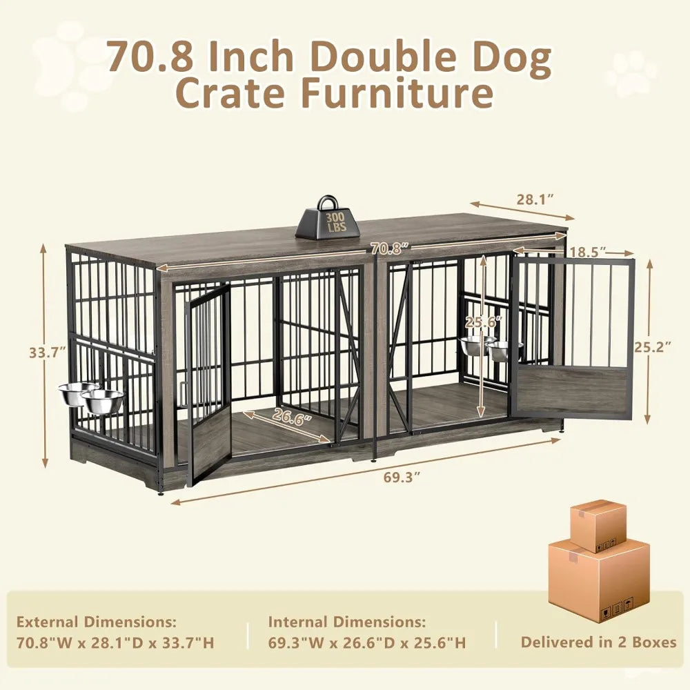 71'' Double Dog Crate Furniture for 2 Dogs